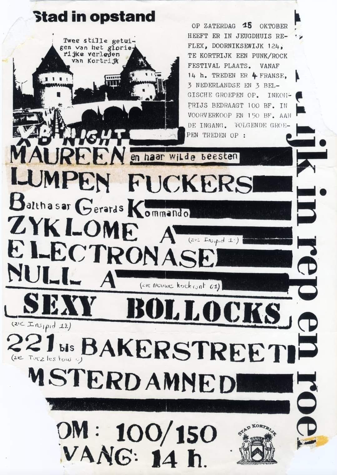 BGK + Amsterdamned + Sexy Bollocks + Null A + Lumpen Fuckers + XB Night + 221Bis Baker Street + Electronaze @ Reflex Courtrai - 15 octobre 1983