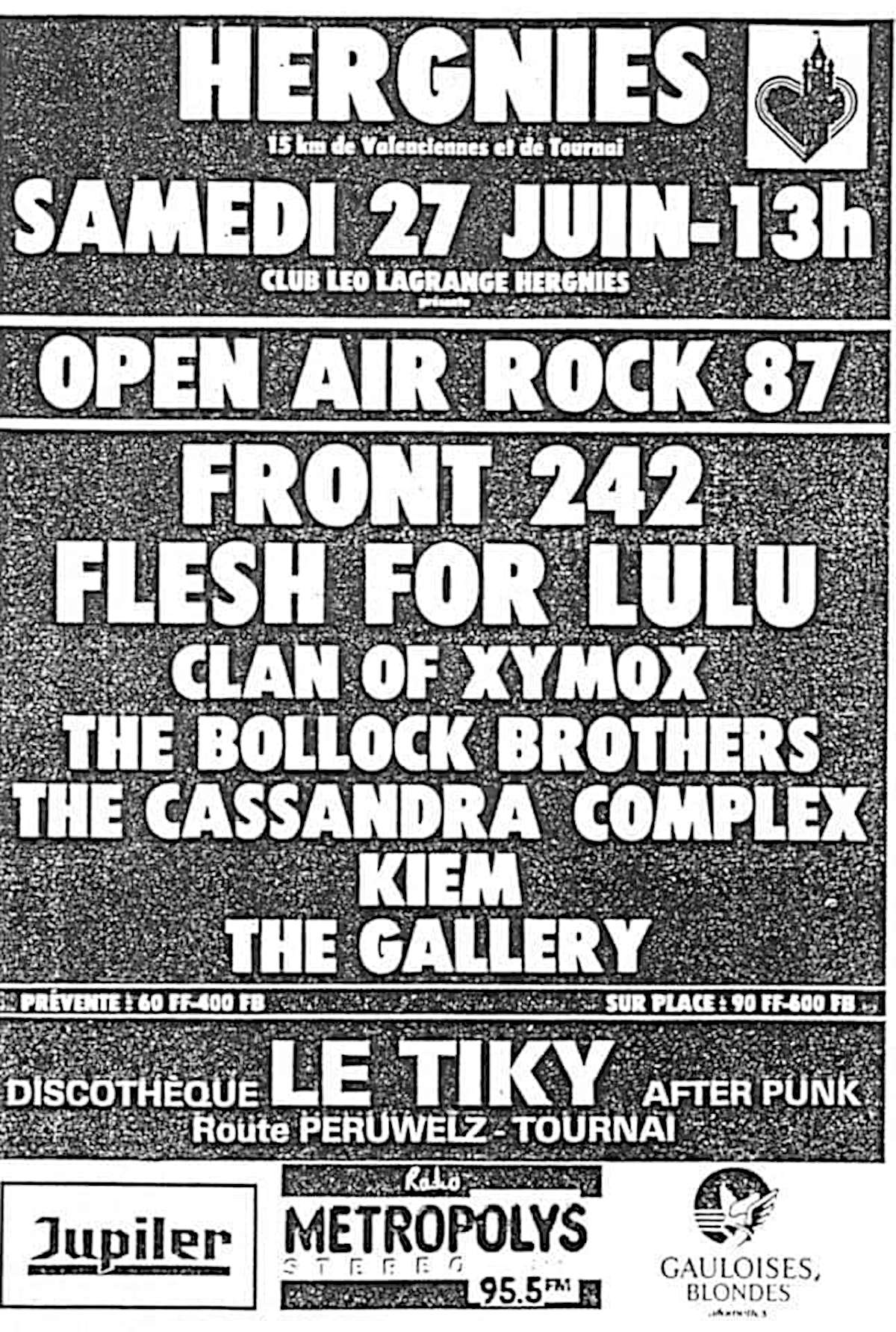 Open Air Rock 87 = Front 242 + Flesh For Lulu + Clan Of Xymox + The Bollock Brothers + The Cassandra Complex + Kiem + The Gallery @ Hergnies - 27 juin 1987