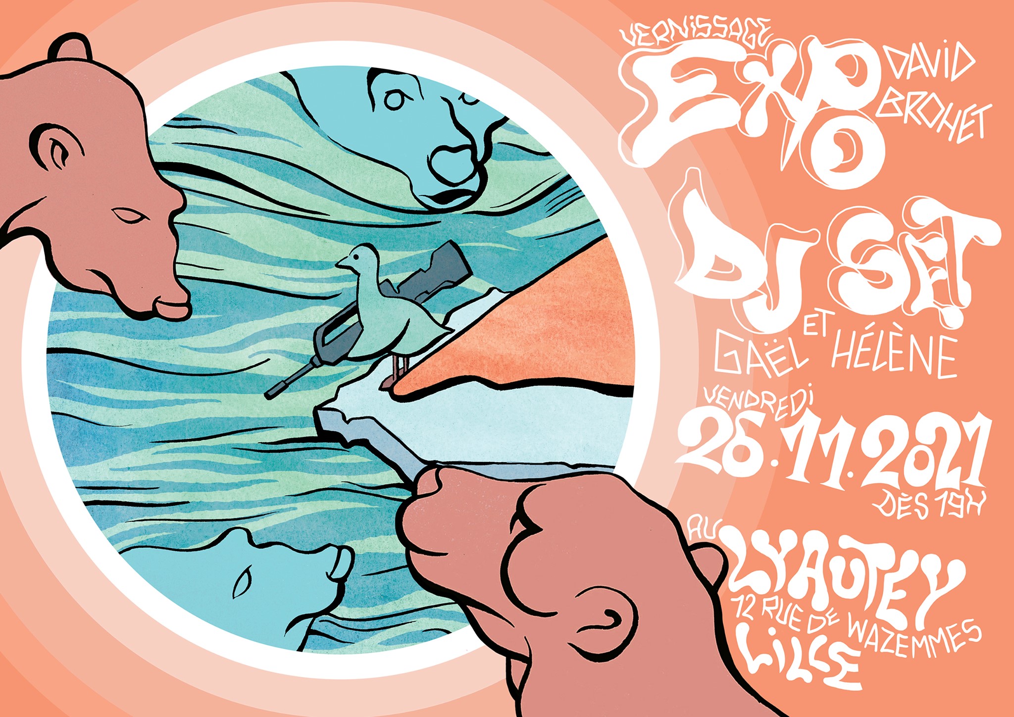 à Lille : vernissage de l'expo David Brohet avec un dj set de Gaël et Hélène, c'est au Lyautey (12 rue de Wazemmes). 19h., entrée gratuite