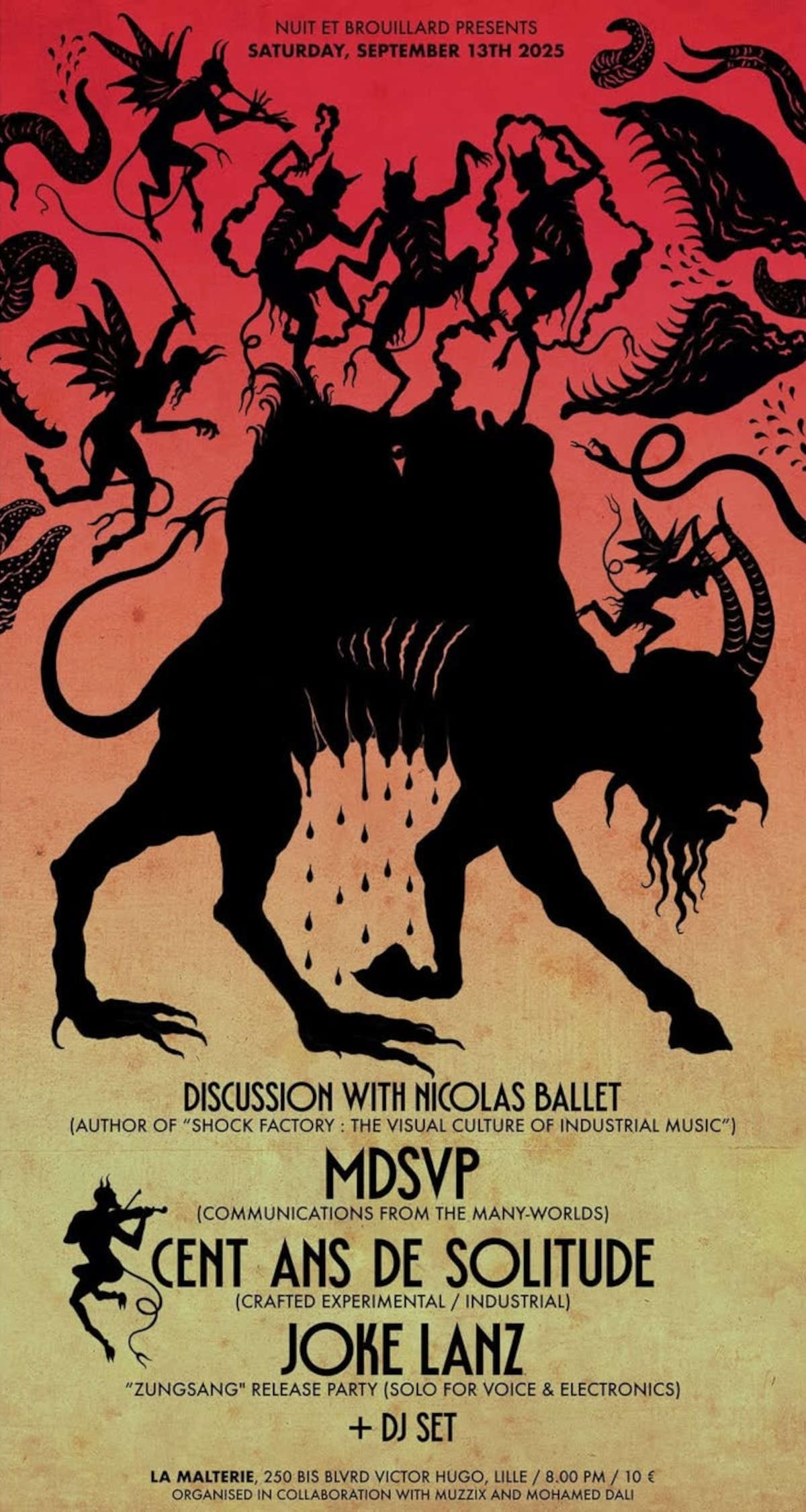 Soirée dédiée à Stéphane Mérenne = Nicolas Ballet + MDSVP + Cent Ans De Solitude + Joke Lanz + DJs Sounds of Sacrifice + Krystian Trog @ Malterie Lille - 13 septembre 2025