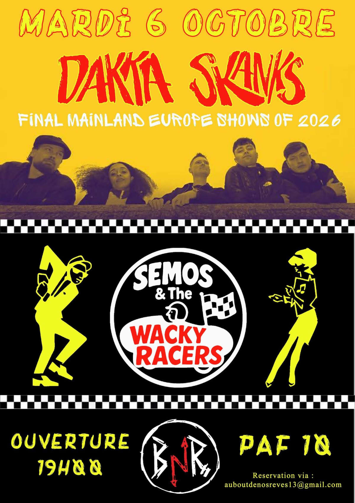 à Gaurain-Ramecroix / Tournai : Dakka Skanks (Brighton skadubreggaepunk) + Semos & The Wacky Racers (be reggae) au Bout de Nos Rêves (Grand'Route, 141). Portes 19h., concert 20h30, 10€